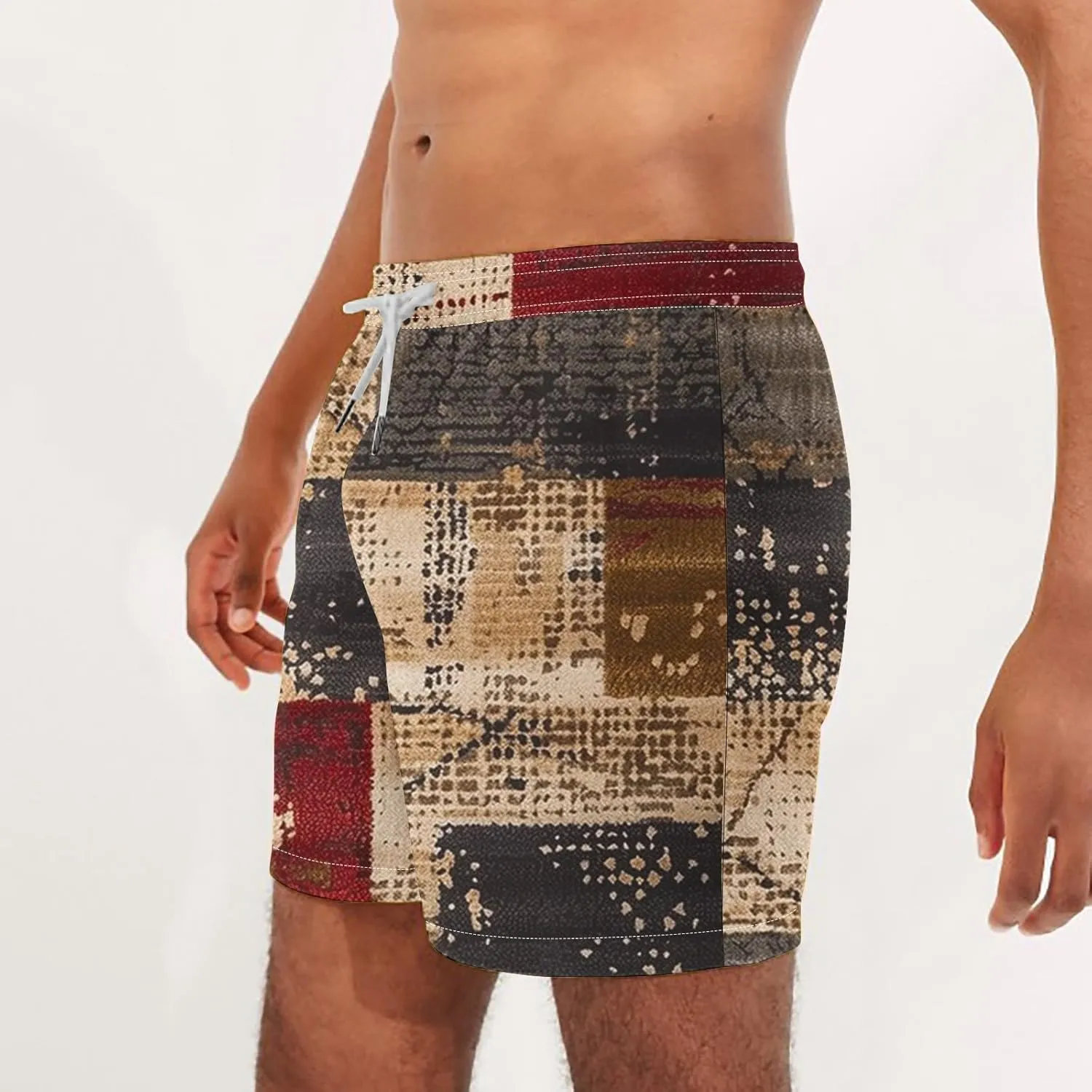 Mens Shorts Summer Casual Beach Shorts Lightweight Elastic Waist Drawstring Board Shorts Patch Plaid Print Swim Shorts