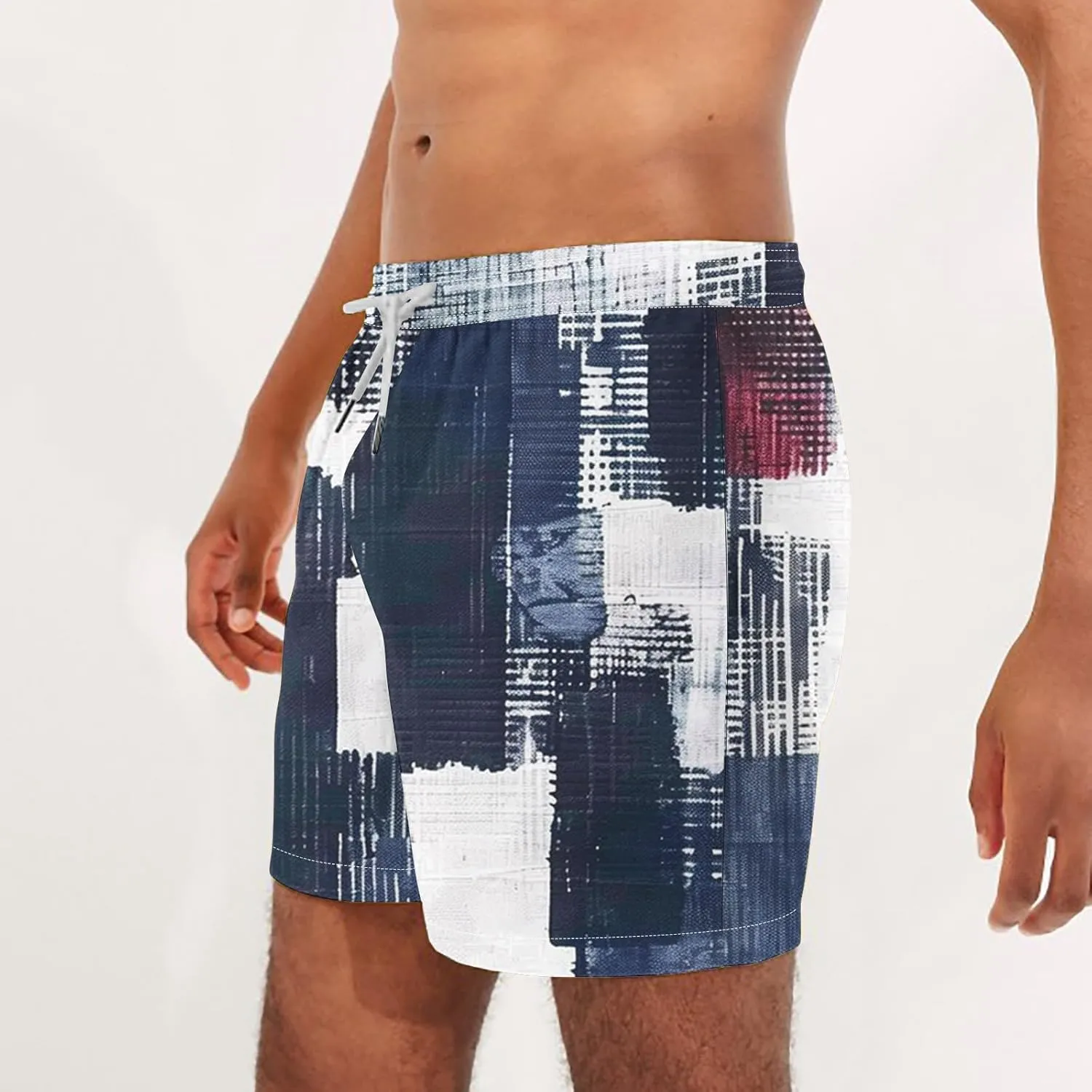 Mens Shorts Summer Casual Beach Shorts Lightweight Elastic Waist Drawstring Board Shorts Patch Plaid Print Swim Shorts