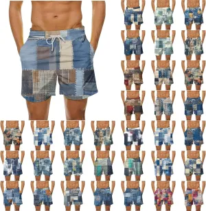 Mens Shorts Summer Casual Beach Shorts Lightweight Elastic Waist Drawstring Board Shorts Patch Plaid Print Swim Shorts