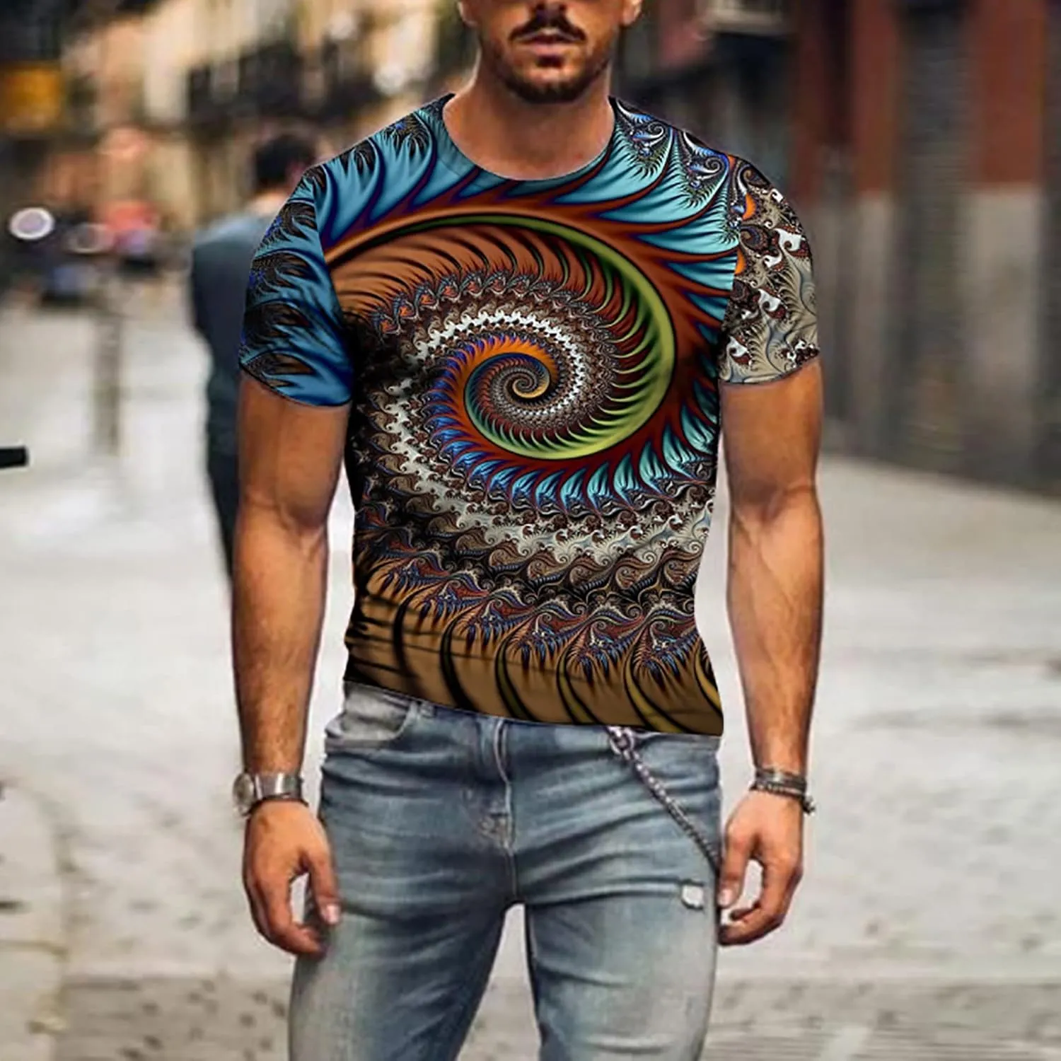 Men's Summer Short Sleeve Shirts, 3D Optical Illusion Print T-Shirts Casual Fashion Funny Tunnel Graphics O Neck Tee Tops