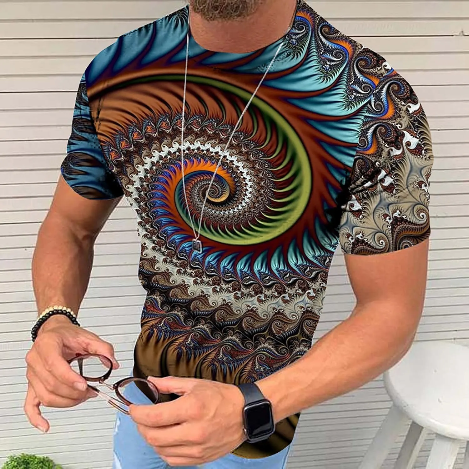Men's Summer Short Sleeve Shirts, 3D Optical Illusion Print T-Shirts Casual Fashion Funny Tunnel Graphics O Neck Tee Tops