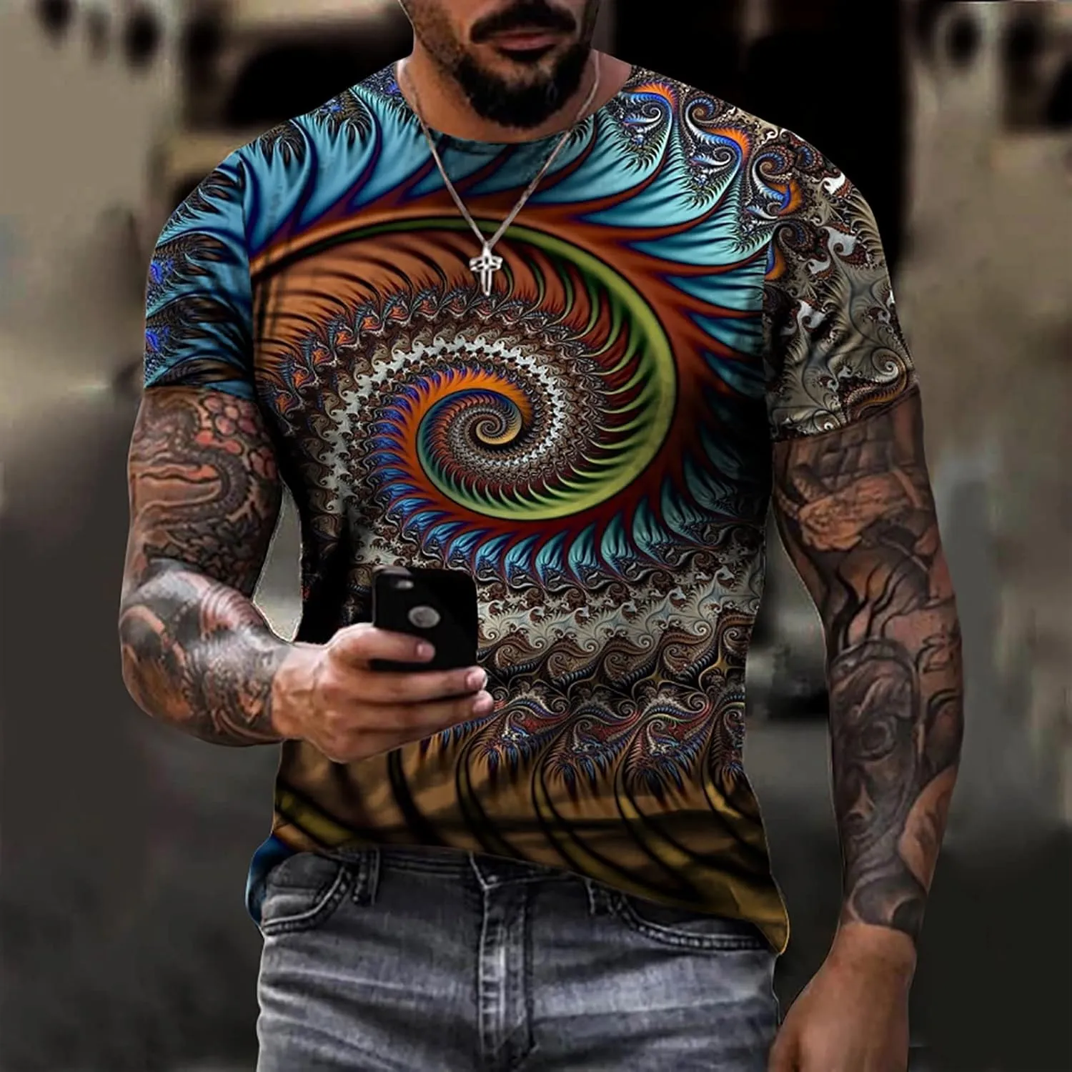 Men's Summer Short Sleeve Shirts, 3D Optical Illusion Print T-Shirts Casual Fashion Funny Tunnel Graphics O Neck Tee Tops