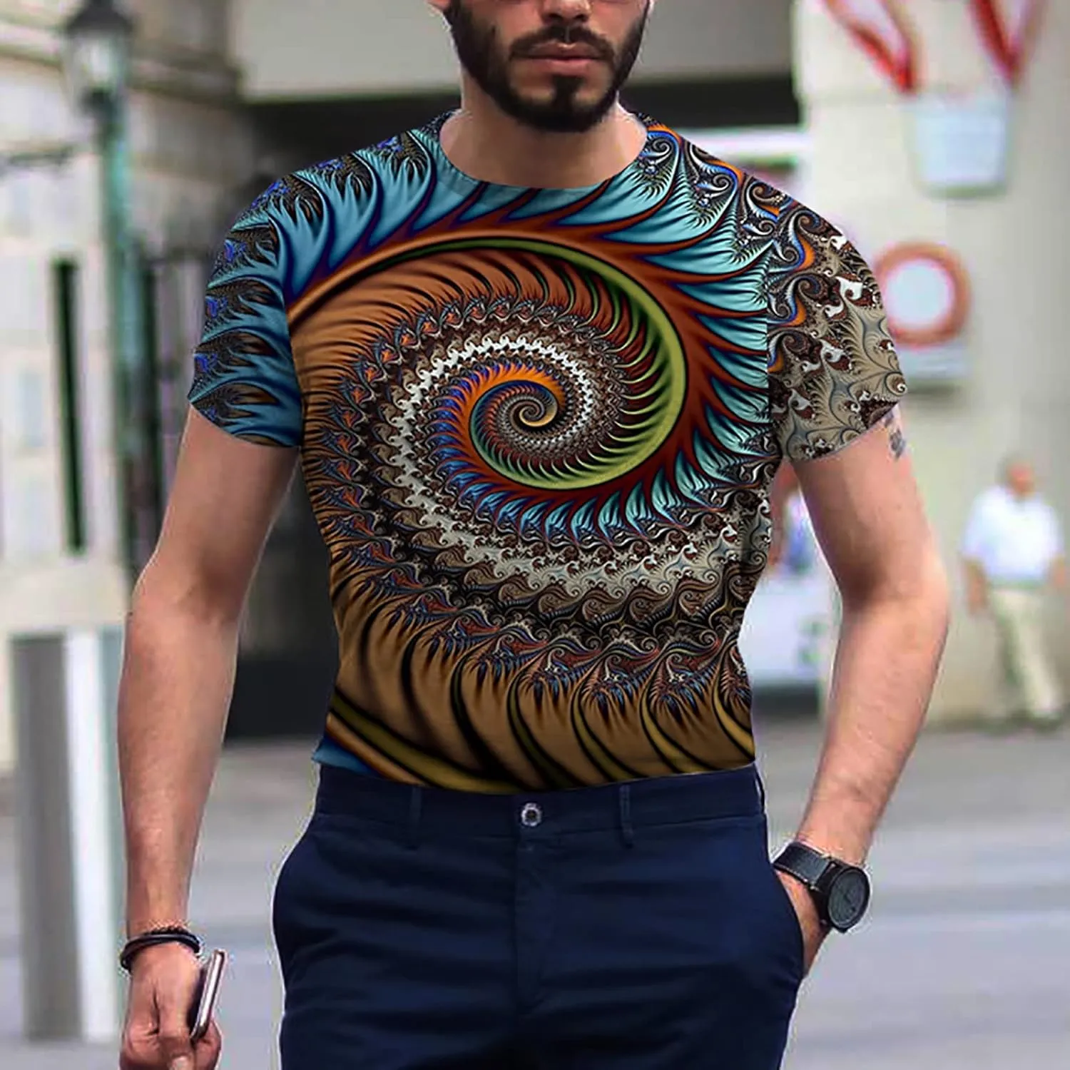 Men's Summer Short Sleeve Shirts, 3D Optical Illusion Print T-Shirts Casual Fashion Funny Tunnel Graphics O Neck Tee Tops