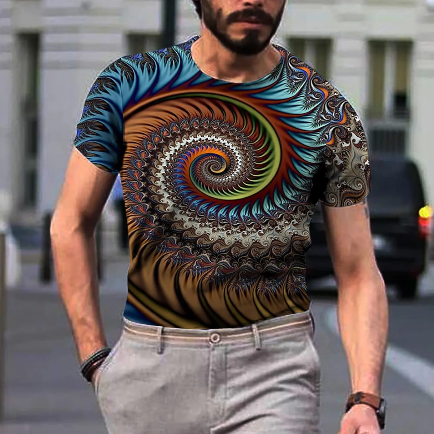 Men's Summer Short Sleeve Shirts, 3D Optical Illusion Print T-Shirts Casual Fashion Funny Tunnel Graphics O Neck Tee Tops