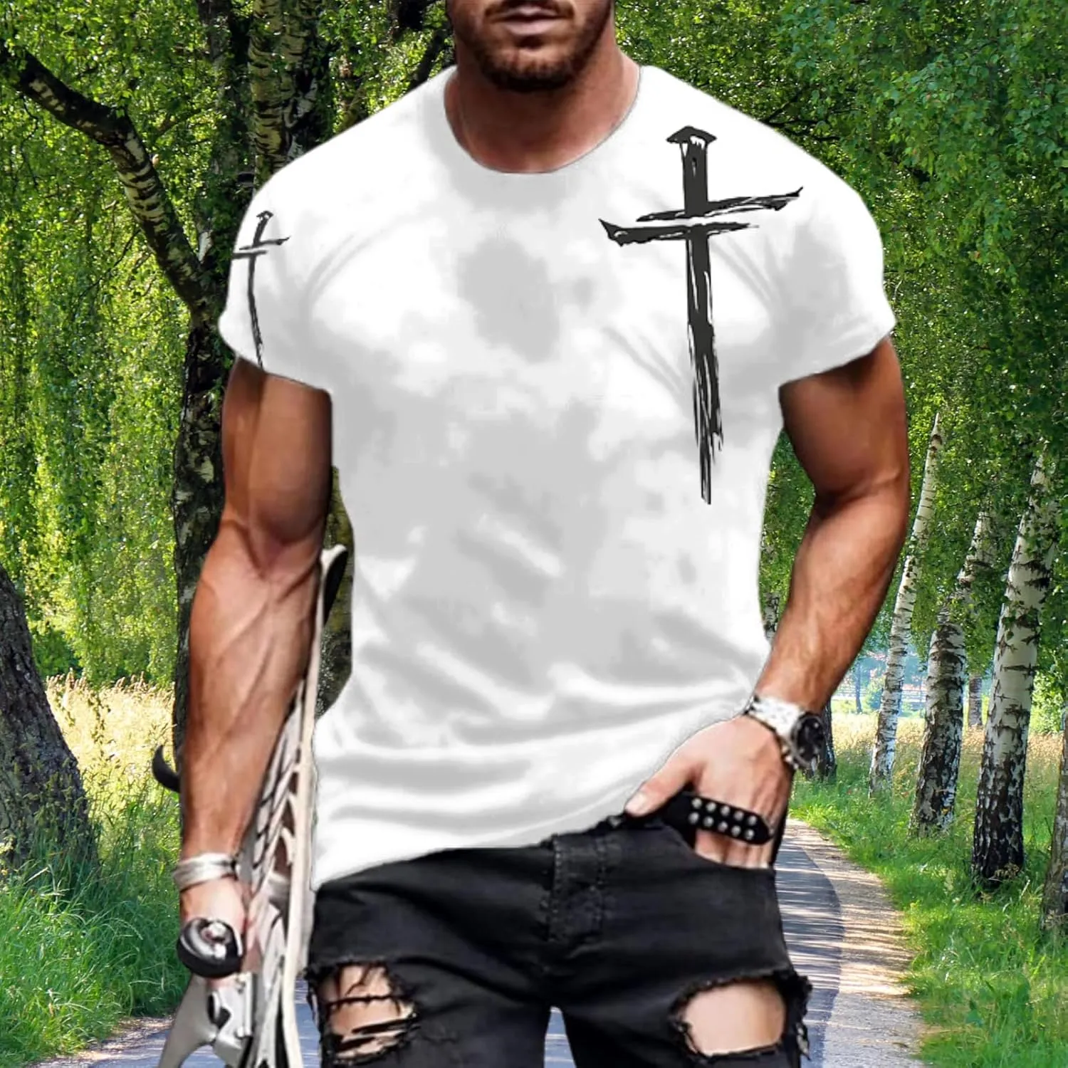 Mens T-Shirts Jesus Cross Faith Vintage Oil Painting Casual Short Sleeve T-Shirts Summer Crew Neck Christian Tops