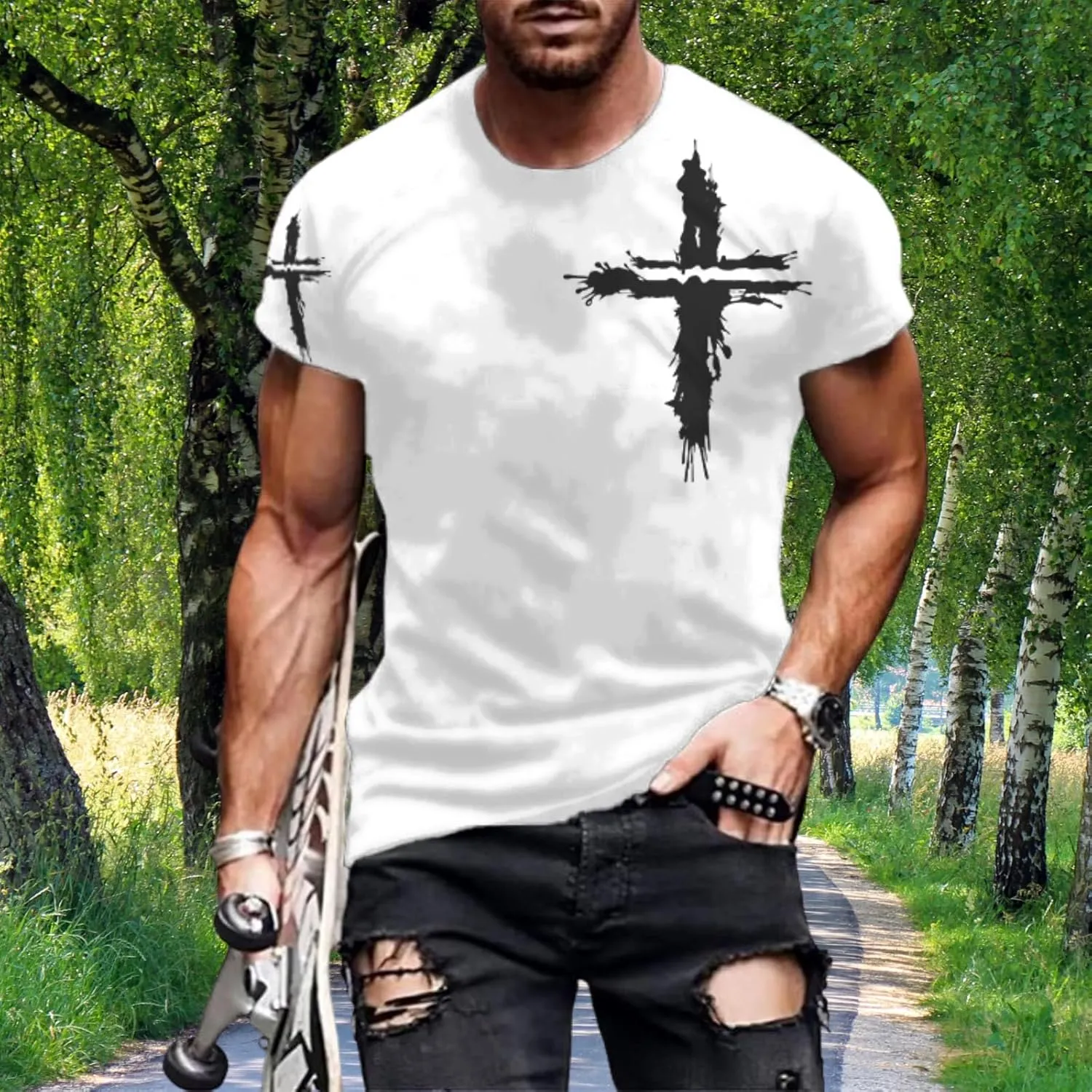 Mens T-Shirts Jesus Cross Faith Vintage Oil Painting Casual Short Sleeve T-Shirts Summer Crew Neck Christian Tops