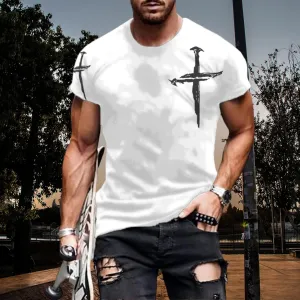Mens T-Shirts Jesus Cross Faith Vintage Oil Painting Casual Short Sleeve T-Shirts Summer Crew Neck Christian Tops