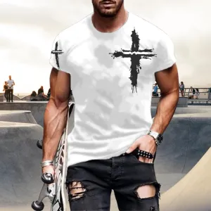 Mens T-Shirts Jesus Cross Faith Vintage Oil Painting Casual Short Sleeve T-Shirts Summer Crew Neck Christian Tops