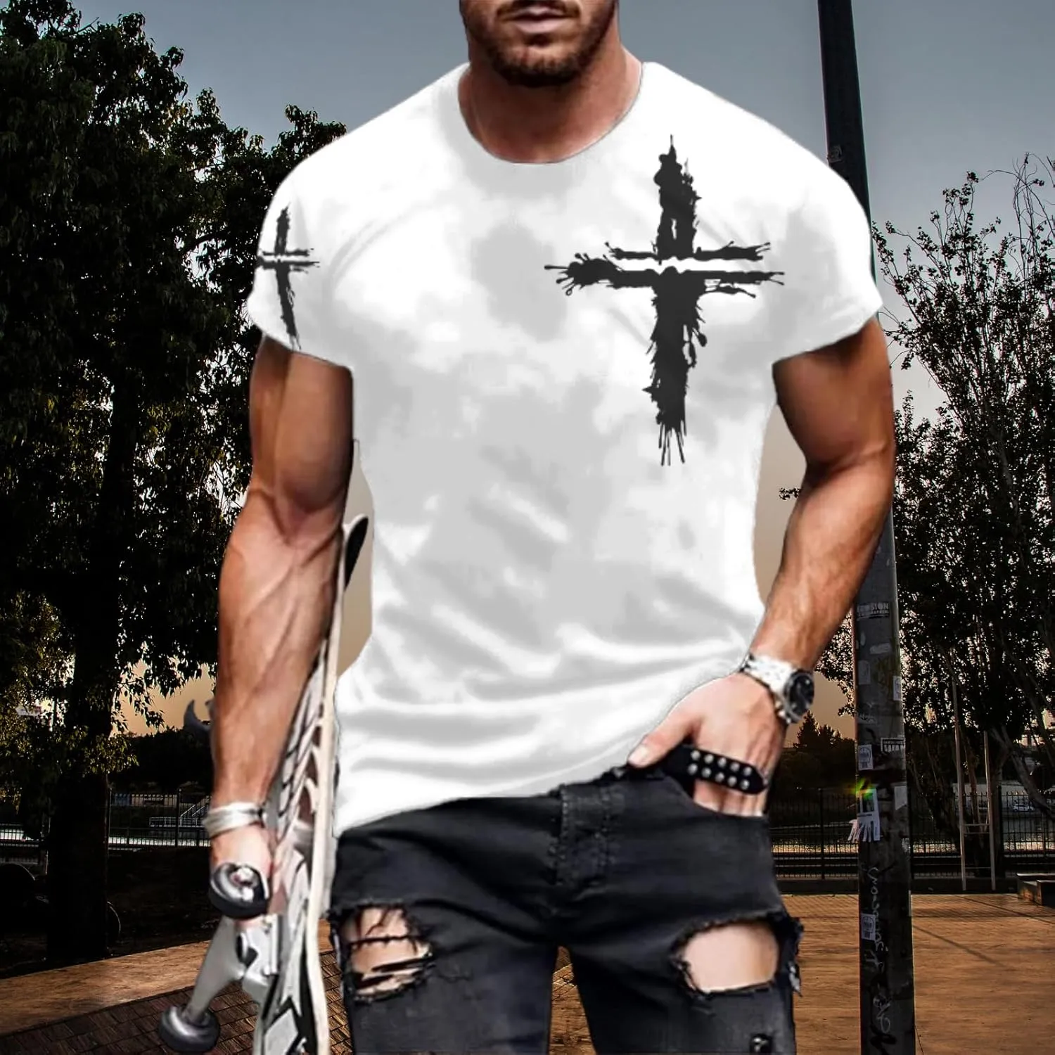Mens T-Shirts Jesus Cross Faith Vintage Oil Painting Casual Short Sleeve T-Shirts Summer Crew Neck Christian Tops