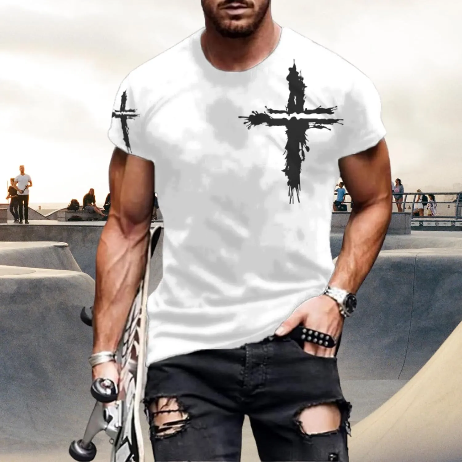Mens T-Shirts Jesus Cross Faith Vintage Oil Painting Casual Short Sleeve T-Shirts Summer Crew Neck Christian Tops