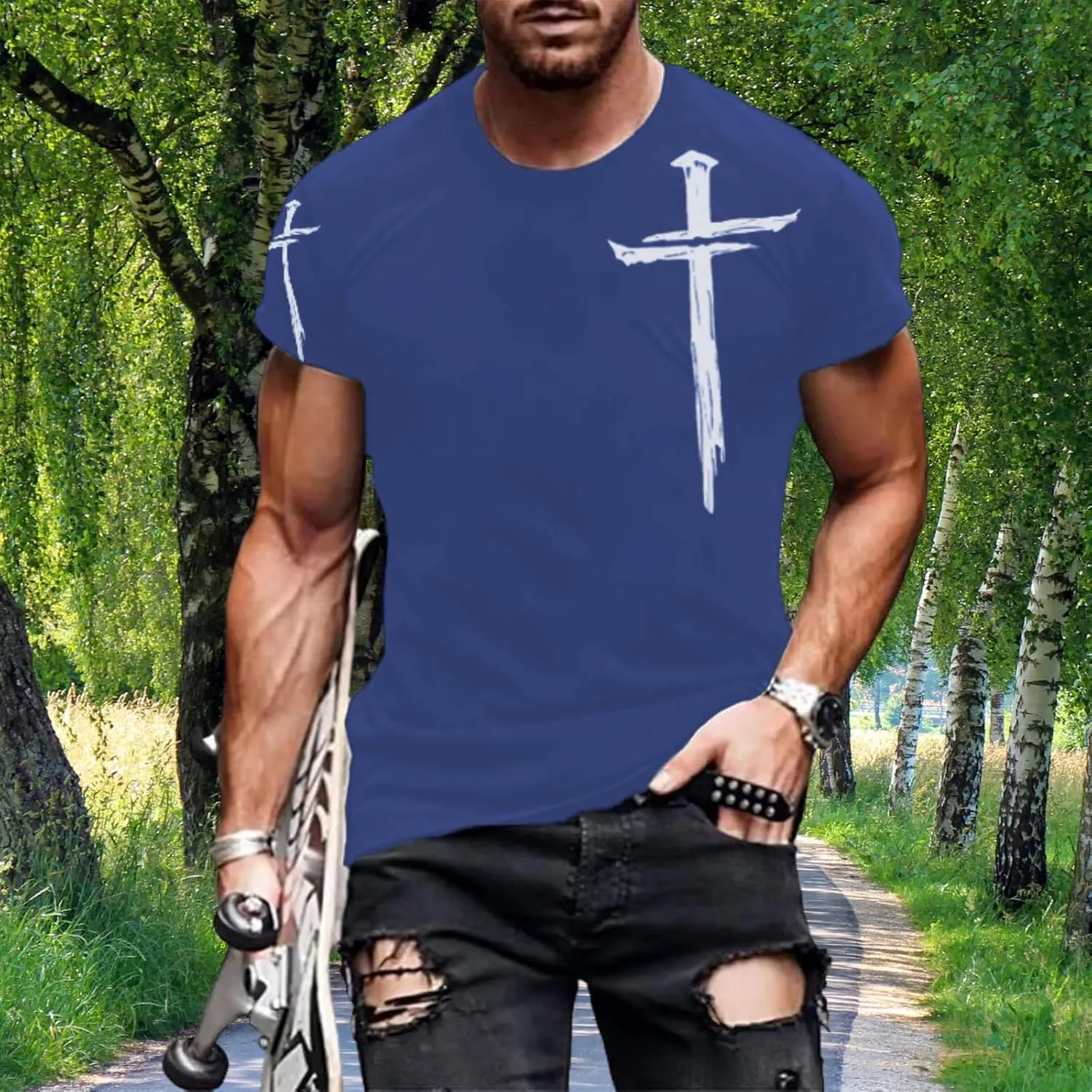 Mens T-Shirts Jesus Cross Faith Vintage Oil Painting Casual Short Sleeve T-Shirts Summer Crew Neck Christian Tops