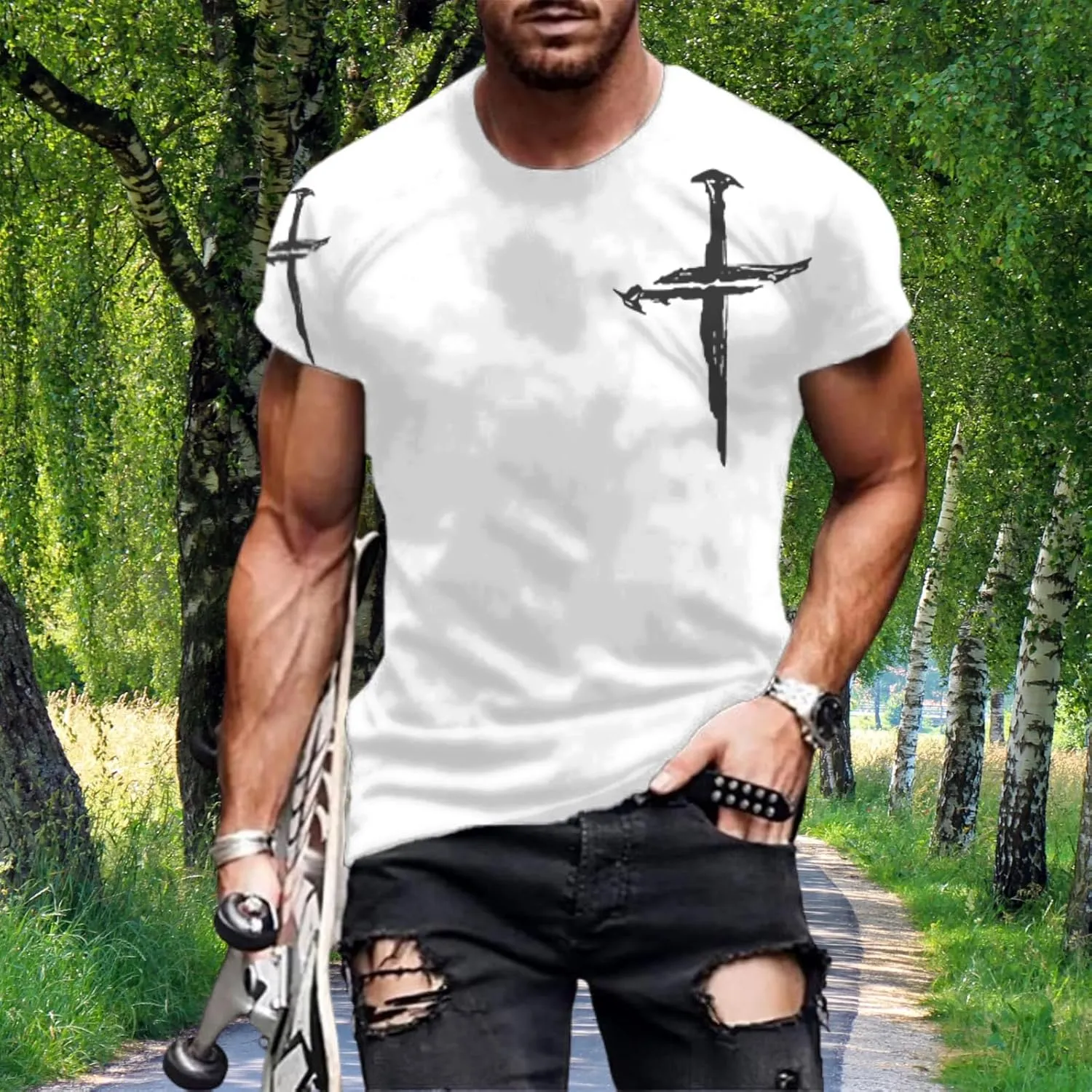 Mens T-Shirts Jesus Cross Faith Vintage Oil Painting Casual Short Sleeve T-Shirts Summer Crew Neck Christian Tops