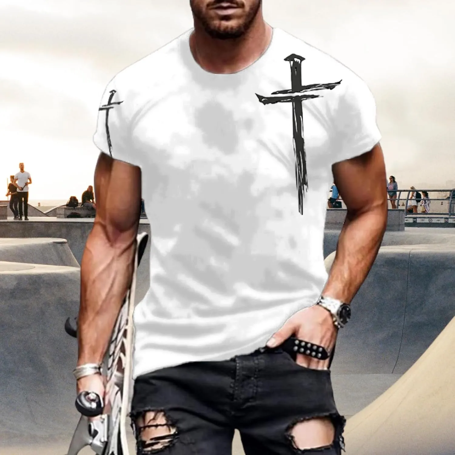 Mens T-Shirts Jesus Cross Faith Vintage Oil Painting Casual Short Sleeve T-Shirts Summer Crew Neck Christian Tops