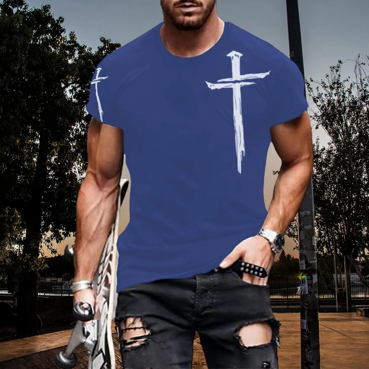 Mens T-Shirts Jesus Cross Faith Vintage Oil Painting Casual Short Sleeve T-Shirts Summer Crew Neck Christian Tops