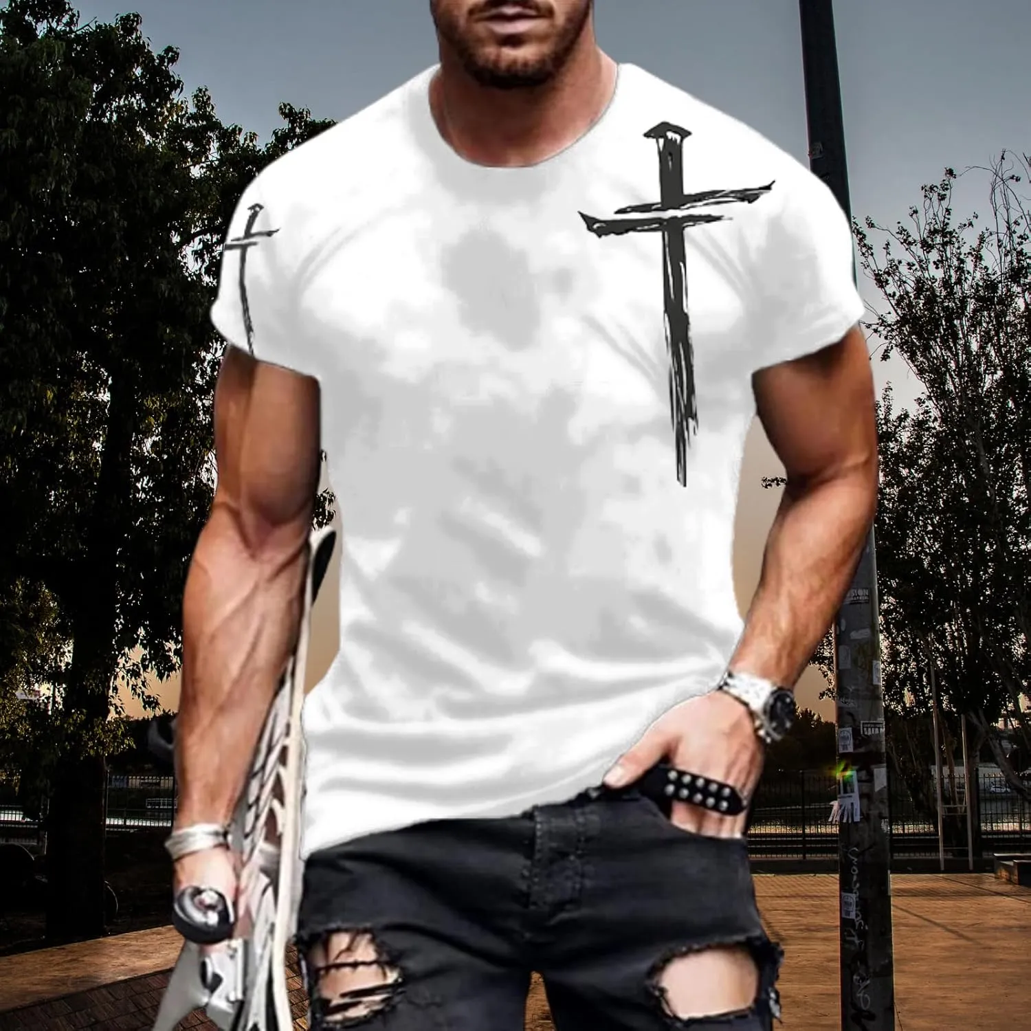Mens T-Shirts Jesus Cross Faith Vintage Oil Painting Casual Short Sleeve T-Shirts Summer Crew Neck Christian Tops