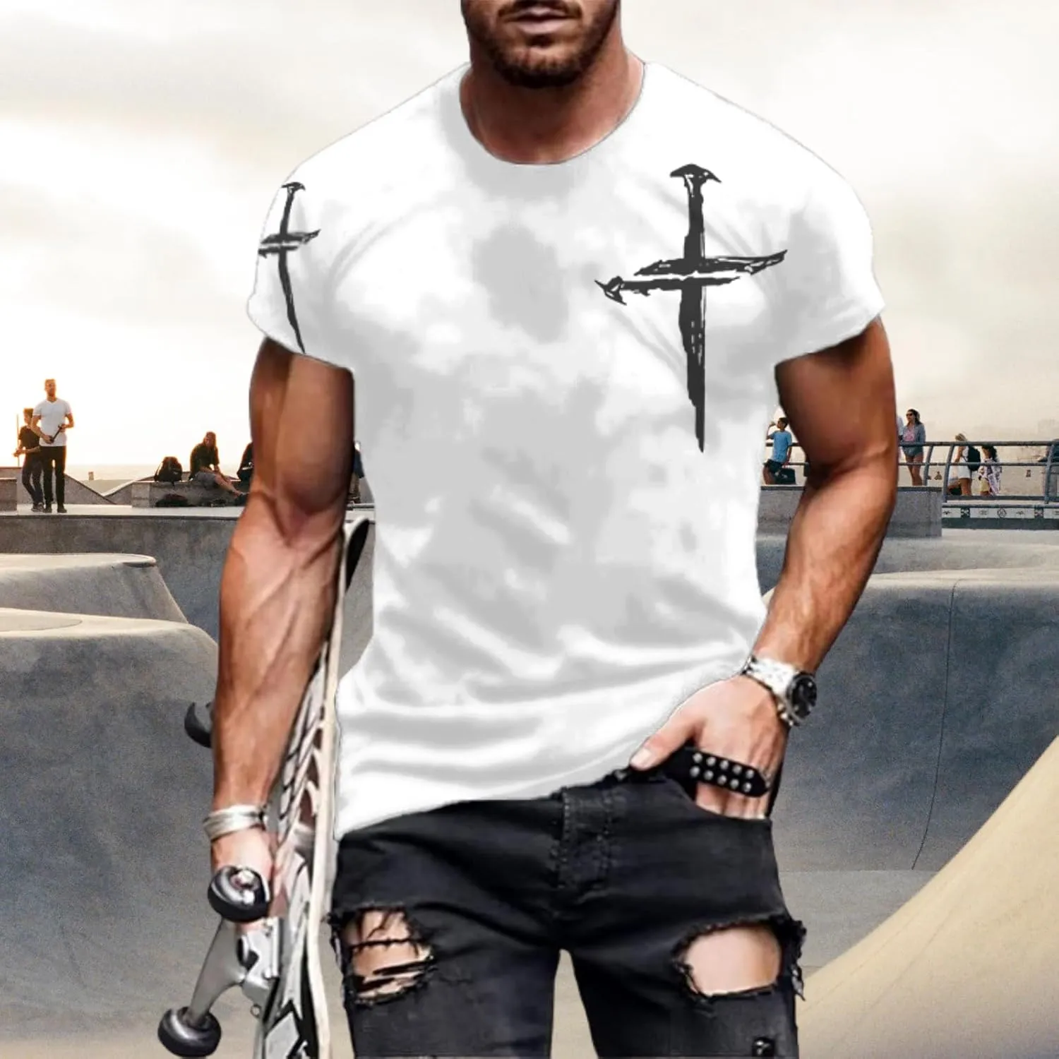 Mens T-Shirts Jesus Cross Faith Vintage Oil Painting Casual Short Sleeve T-Shirts Summer Crew Neck Christian Tops