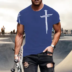 Mens T-Shirts Jesus Cross Faith Vintage Oil Painting Casual Short Sleeve T-Shirts Summer Crew Neck Christian Tops