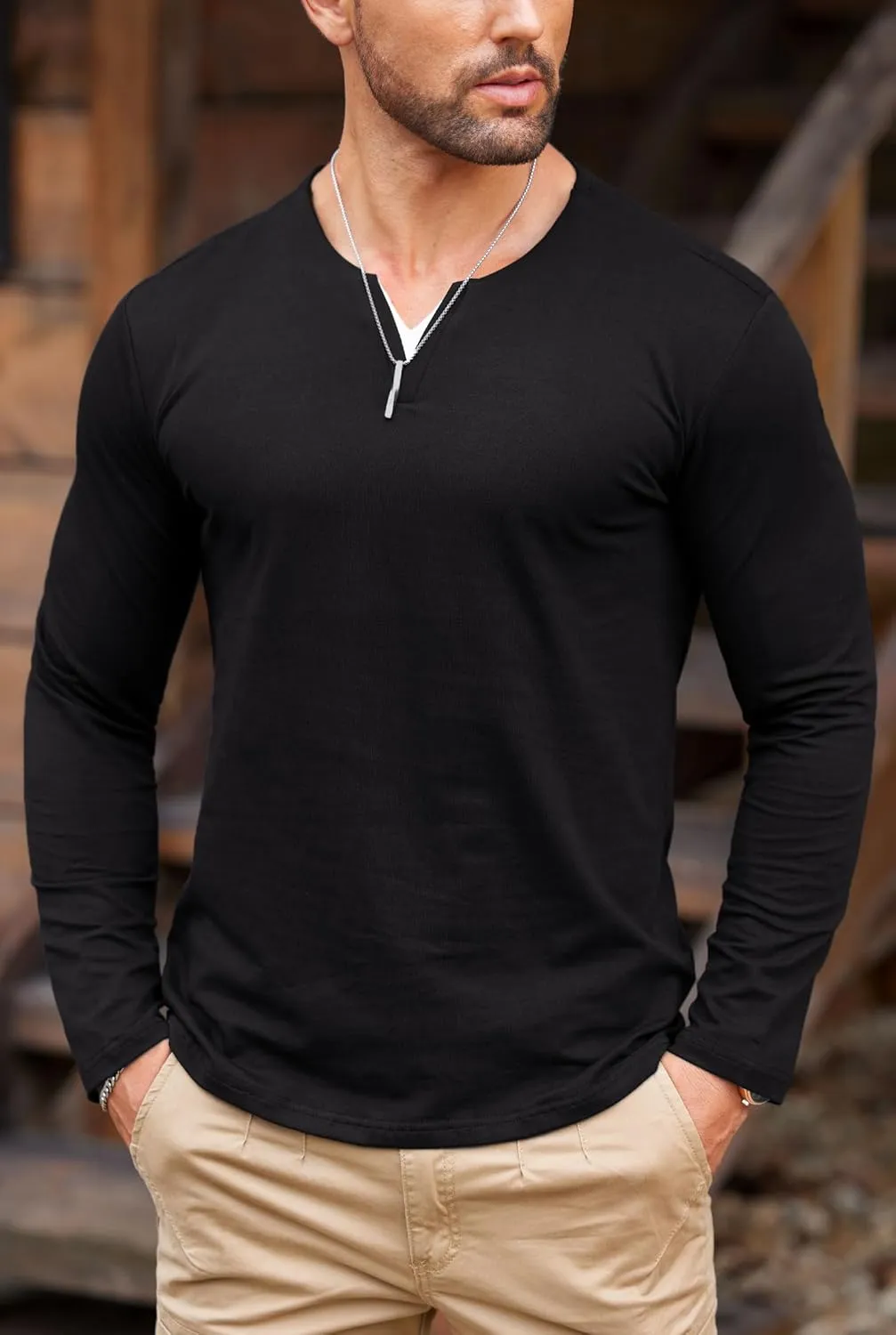 Mens V Neck Shirt Long Sleeve Cotton Casual Soft Slim Fit T-Shirts (S-XXL)