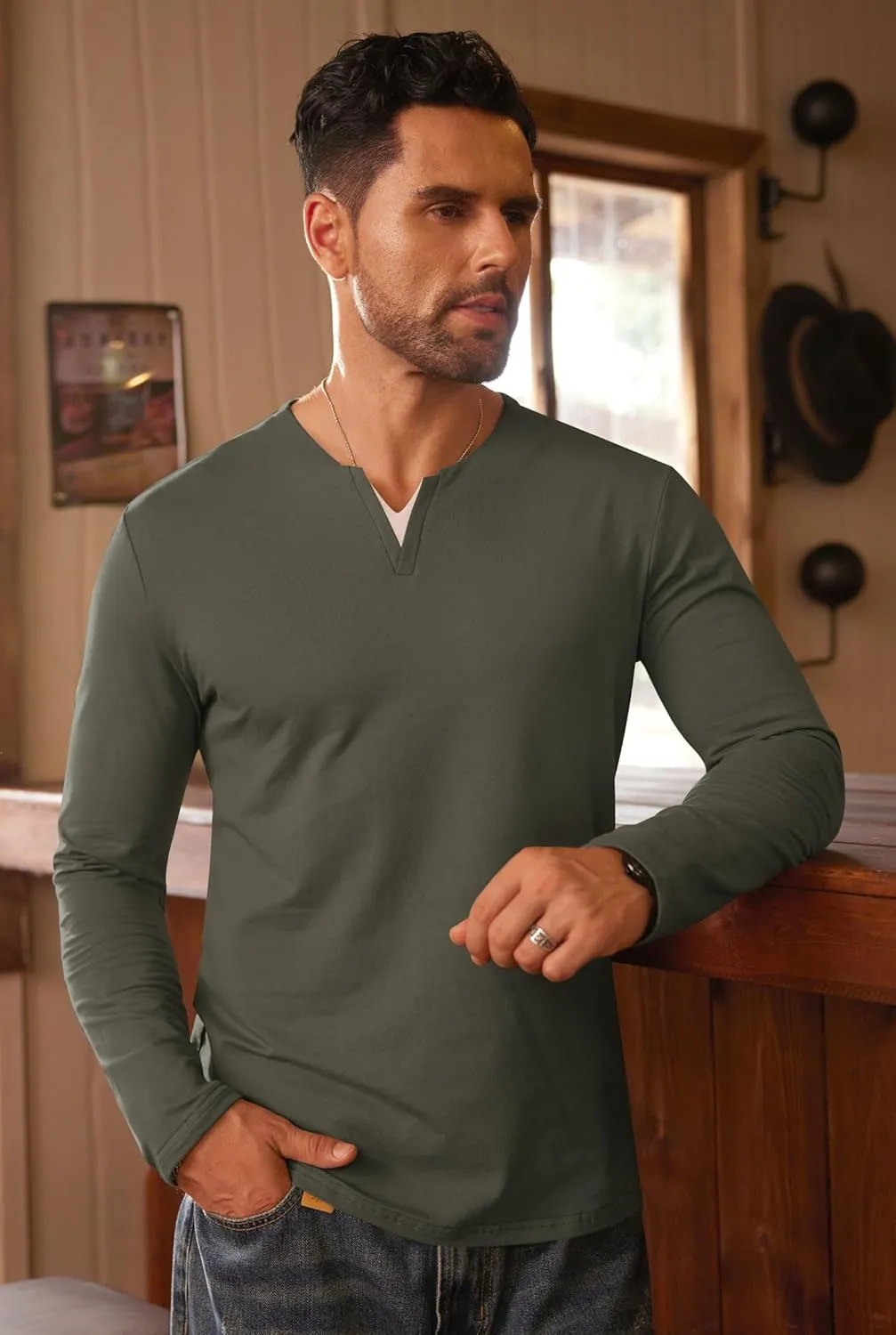 Mens V Neck Shirt Long Sleeve Cotton Casual Soft Slim Fit T-Shirts (S-XXL)