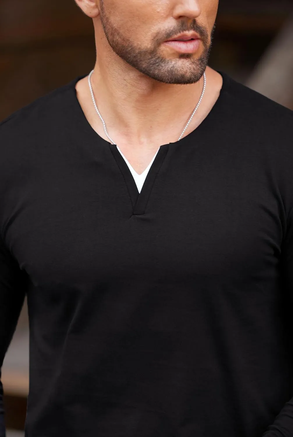 Mens V Neck Shirt Long Sleeve Cotton Casual Soft Slim Fit T-Shirts (S-XXL)
