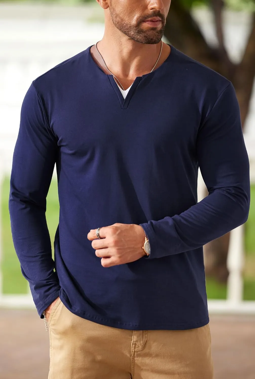 Mens V Neck Shirt Long Sleeve Cotton Casual Soft Slim Fit T-Shirts (S-XXL)