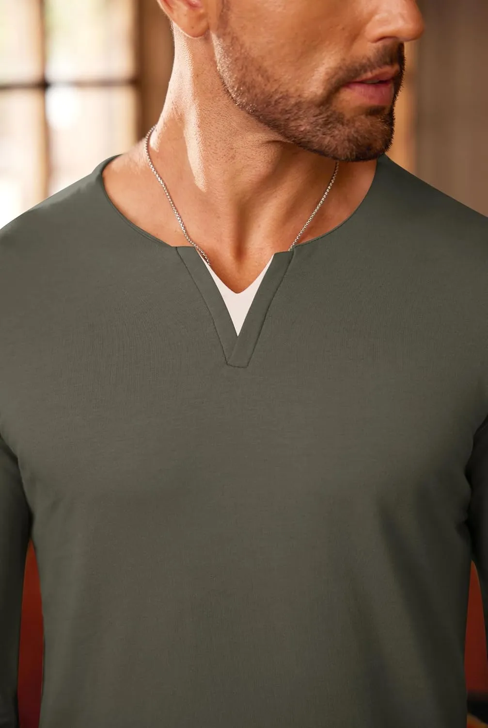Mens V Neck Shirt Long Sleeve Cotton Casual Soft Slim Fit T-Shirts (S-XXL)
