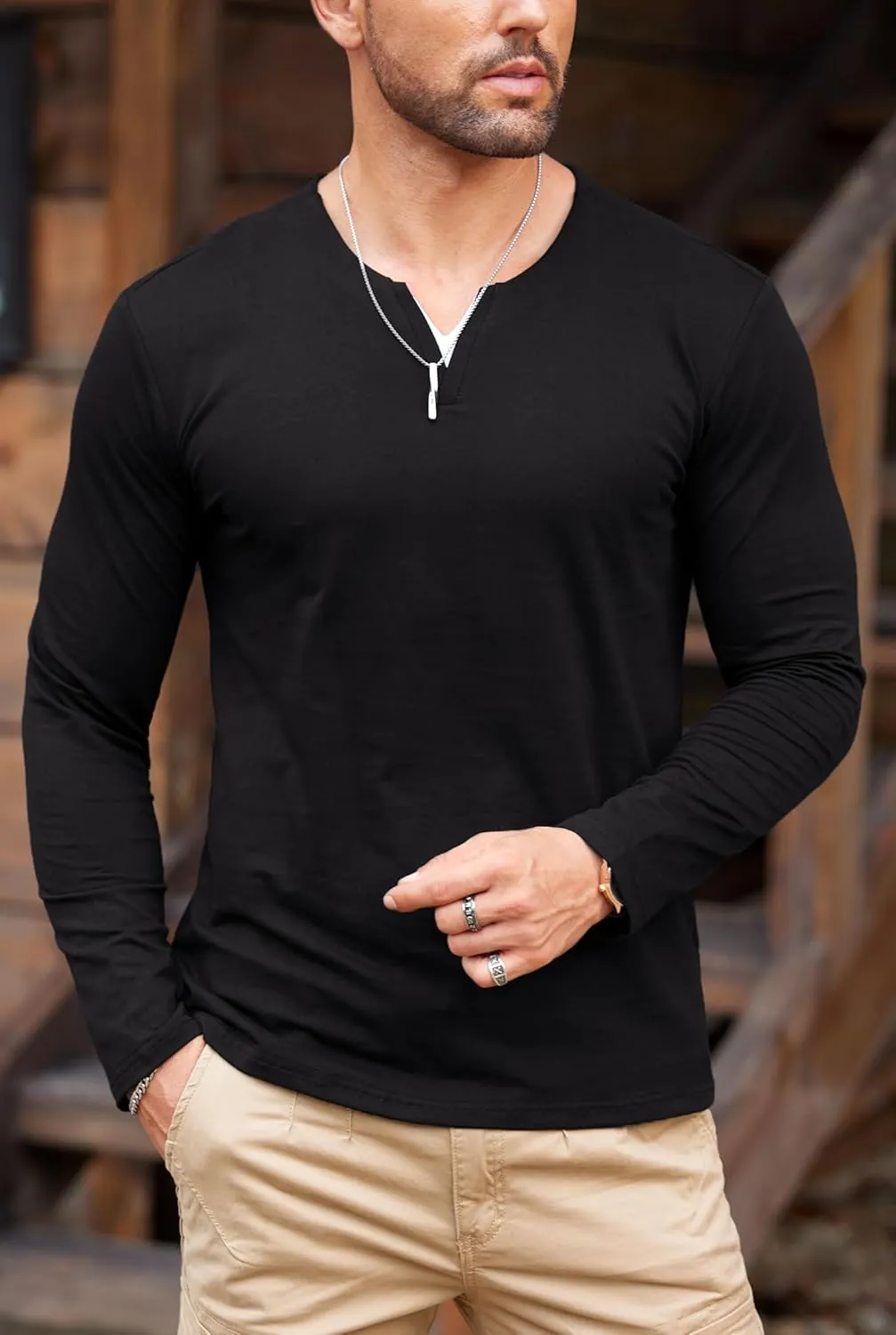 Mens V Neck Shirt Long Sleeve Cotton Casual Soft Slim Fit T-Shirts (S-XXL)
