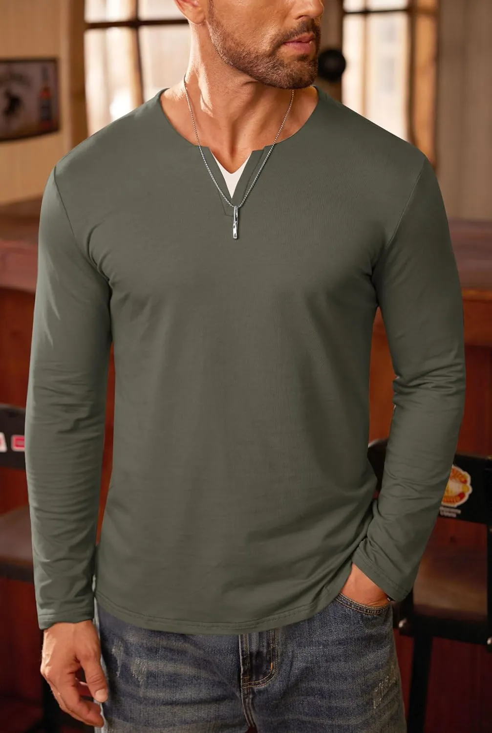 Mens V Neck Shirt Long Sleeve Cotton Casual Soft Slim Fit T-Shirts (S-XXL)