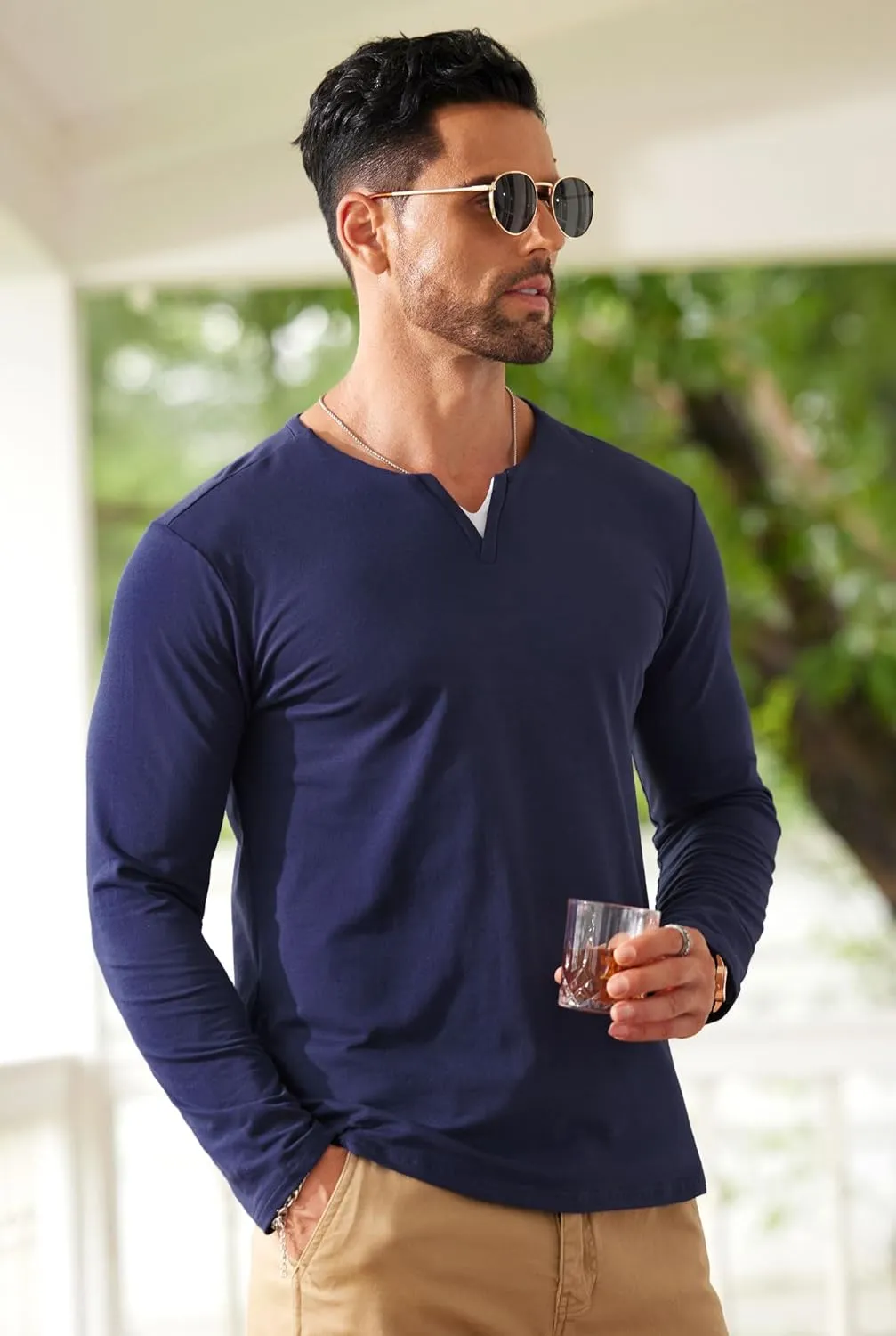 Mens V Neck Shirt Long Sleeve Cotton Casual Soft Slim Fit T-Shirts (S-XXL)