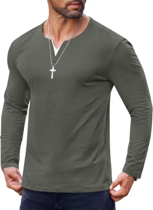 Mens V Neck Shirt Long Sleeve Cotton Casual Soft Slim Fit T-Shirts (S-XXL)