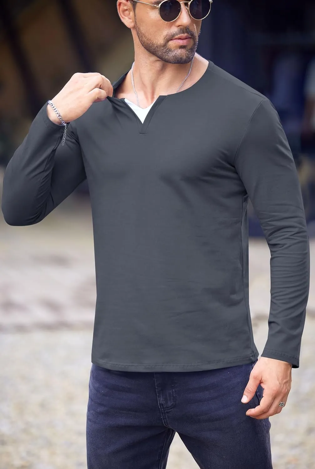 Mens V Neck Shirt Long Sleeve Cotton Casual Soft Slim Fit T-Shirts (S-XXL)