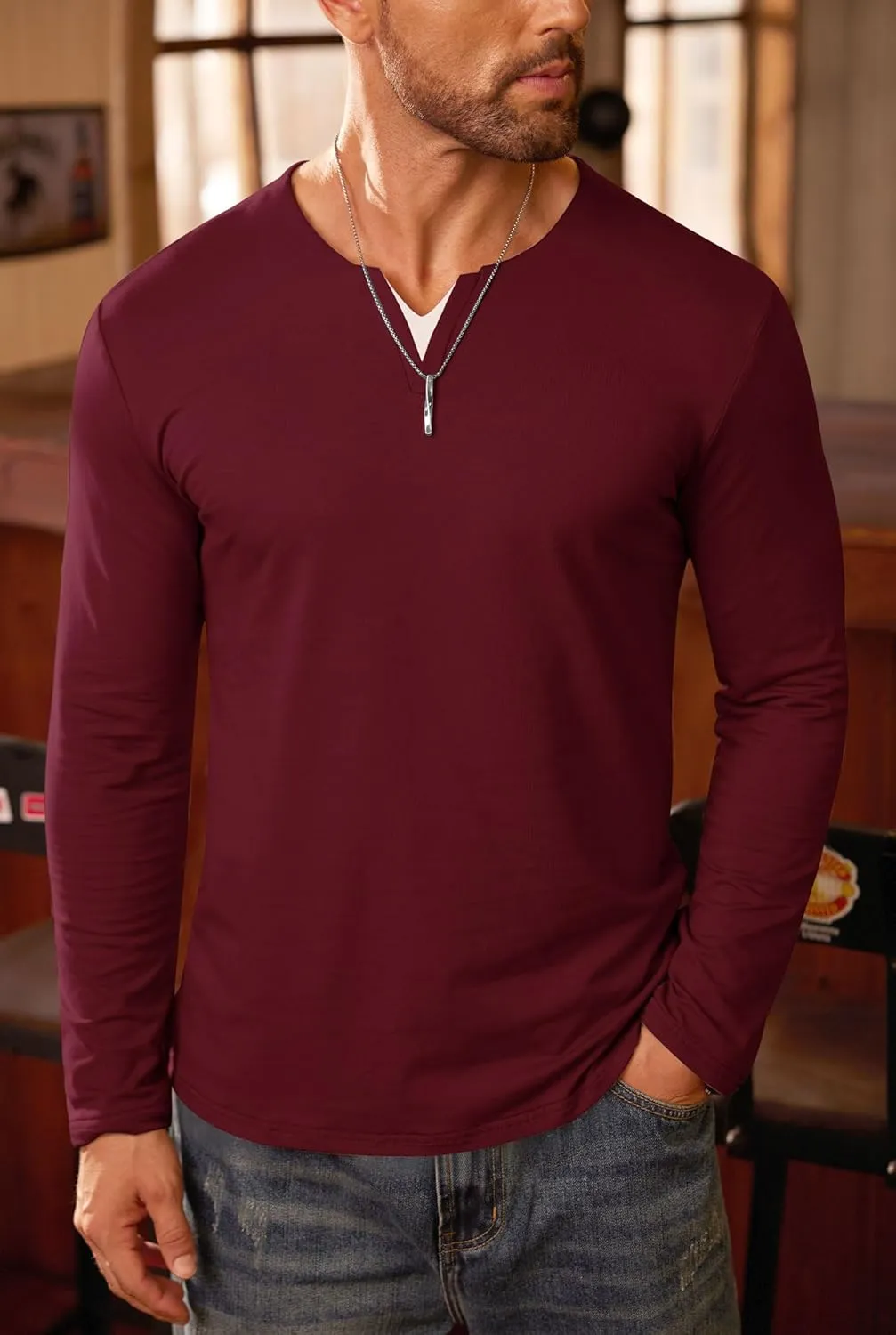 Mens V Neck Shirt Long Sleeve Cotton Casual Soft Slim Fit T-Shirts (S-XXL)