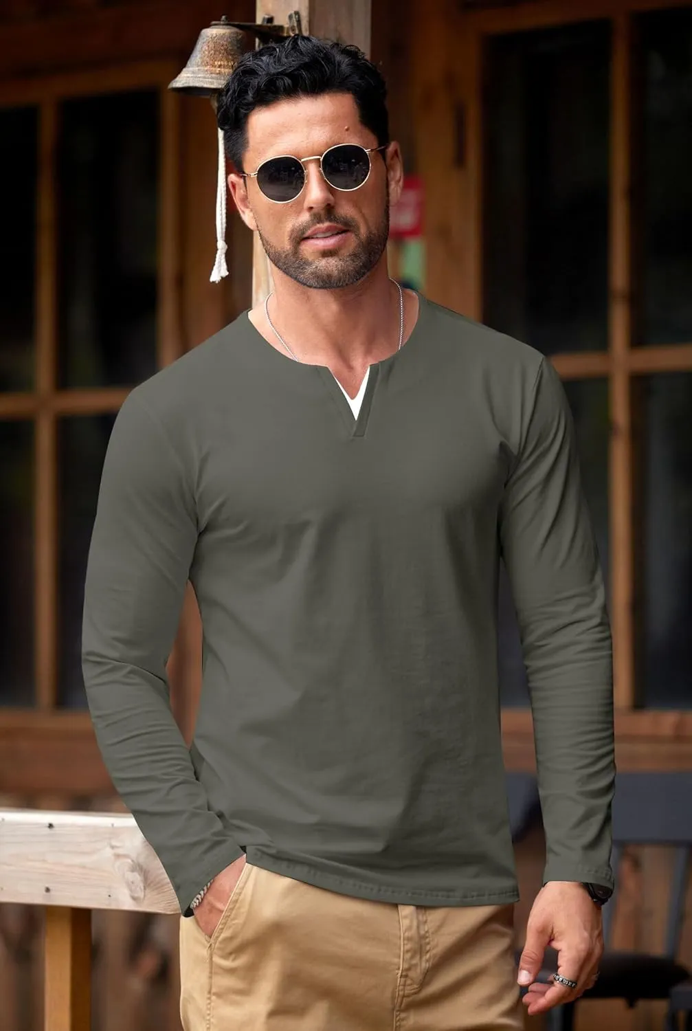 Mens V Neck Shirt Long Sleeve Cotton Casual Soft Slim Fit T-Shirts (S-XXL)
