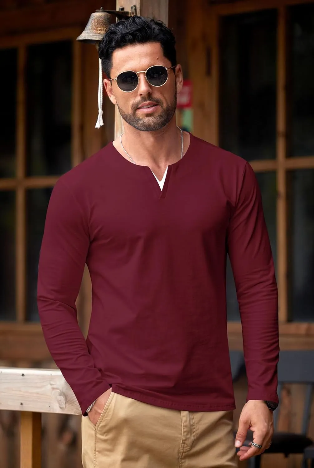 Mens V Neck Shirt Long Sleeve Cotton Casual Soft Slim Fit T-Shirts (S-XXL)