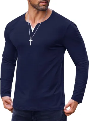 Mens V Neck Shirt Long Sleeve Cotton Casual Soft Slim Fit T-Shirts (S-XXL)