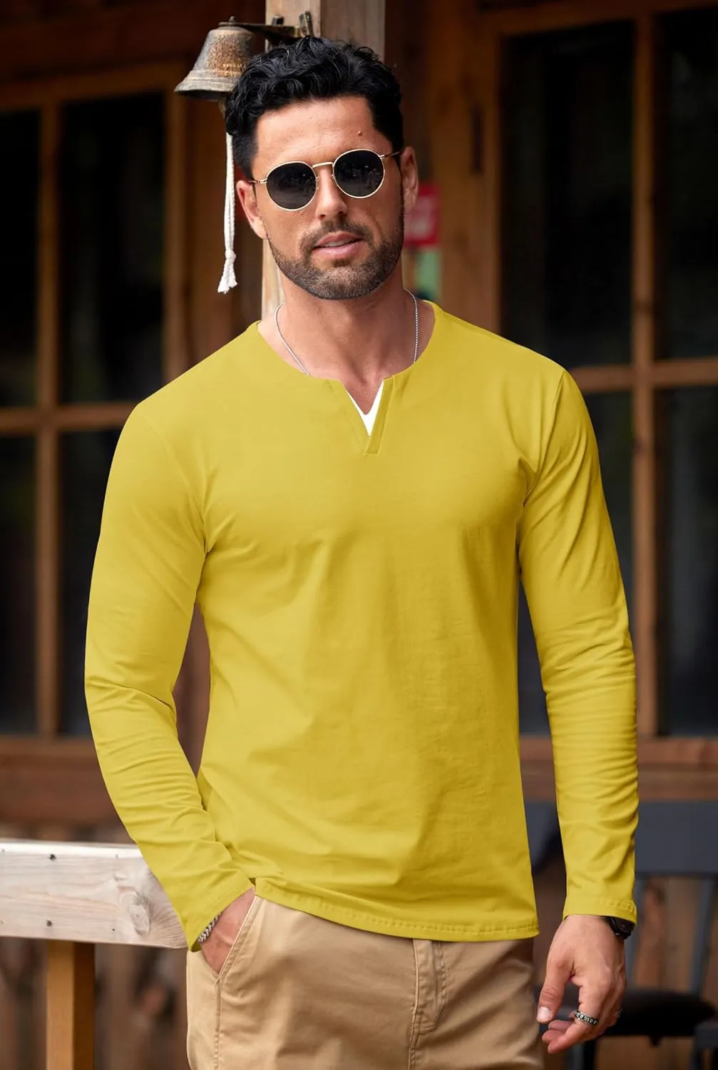 Mens V Neck Shirt Long Sleeve Cotton Casual Soft Slim Fit T-Shirts (S-XXL)