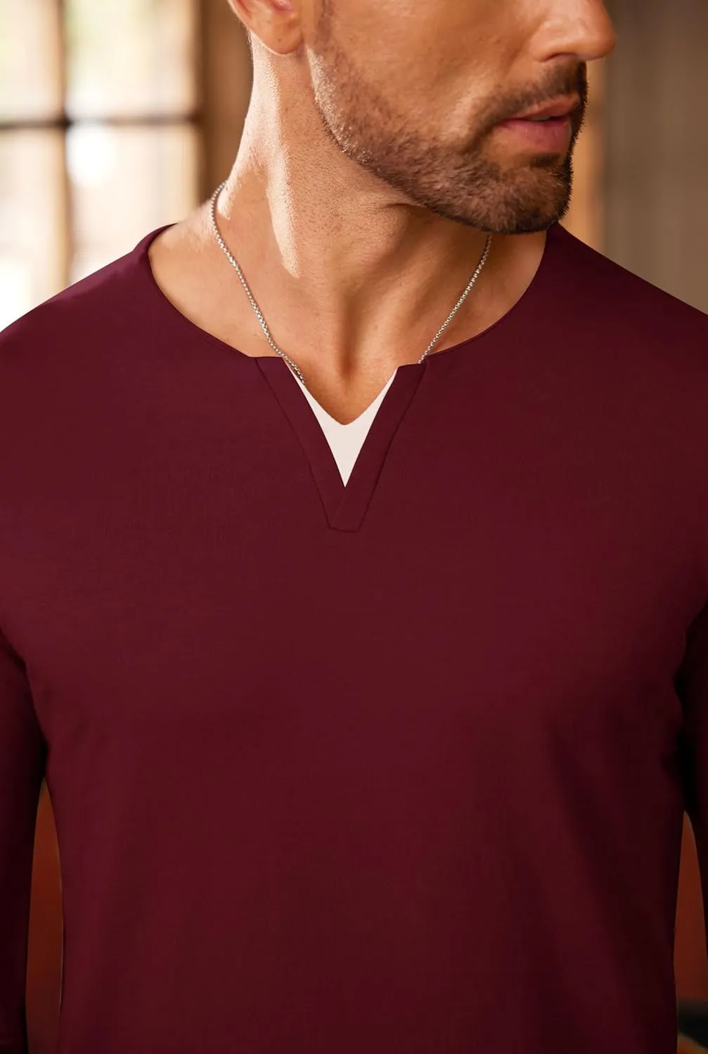 Mens V Neck Shirt Long Sleeve Cotton Casual Soft Slim Fit T-Shirts (S-XXL)