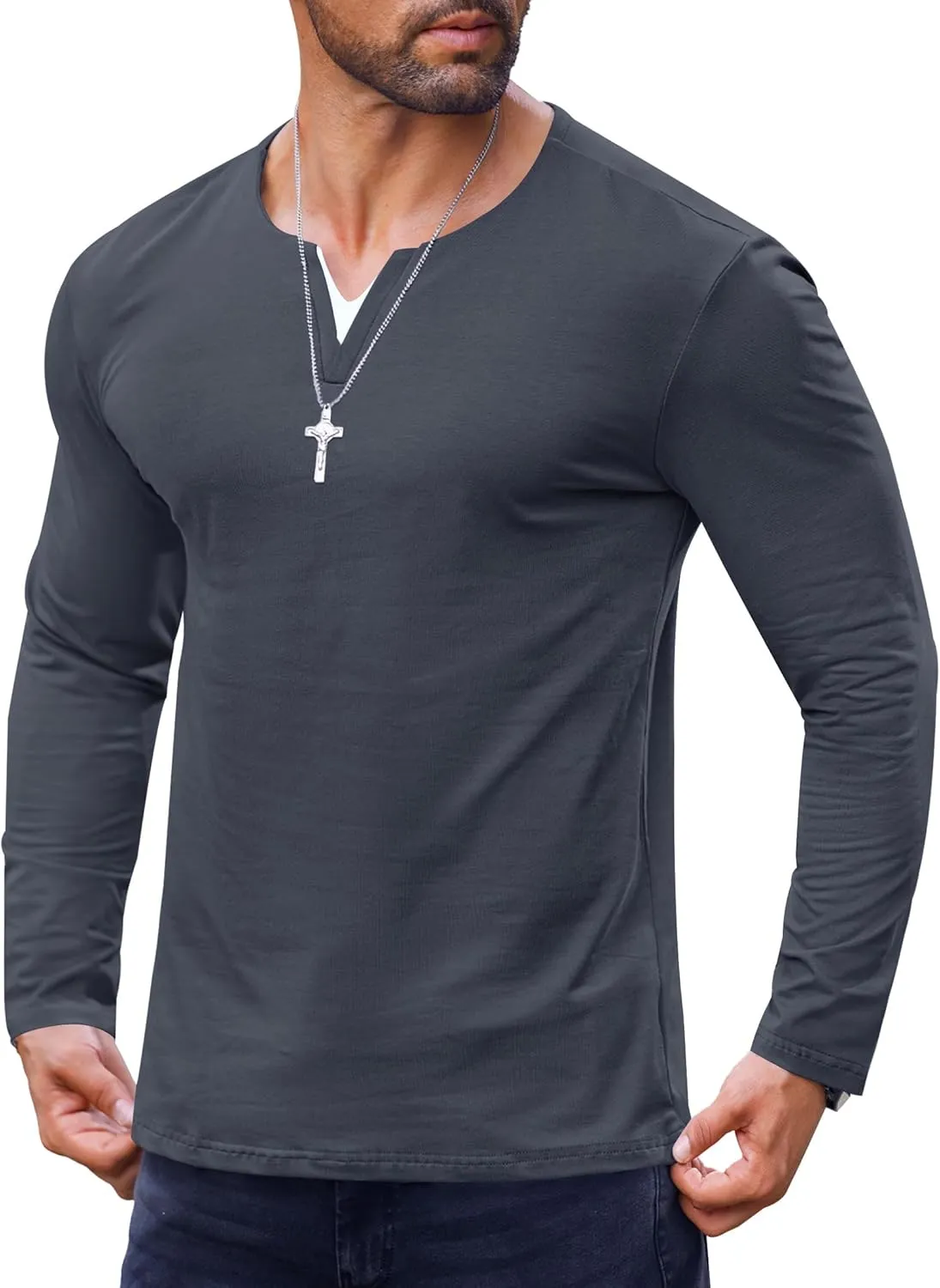 Mens V Neck Shirt Long Sleeve Cotton Casual Soft Slim Fit T-Shirts (S-XXL)