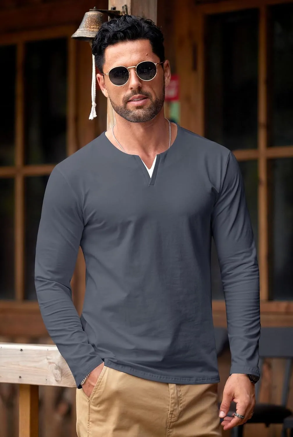 Mens V Neck Shirt Long Sleeve Cotton Casual Soft Slim Fit T-Shirts (S-XXL)