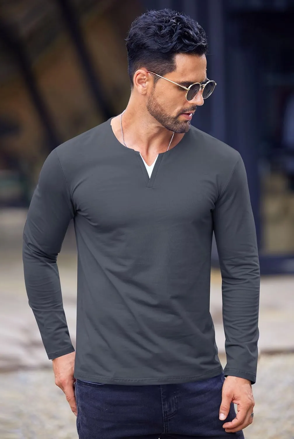 Mens V Neck Shirt Long Sleeve Cotton Casual Soft Slim Fit T-Shirts (S-XXL)