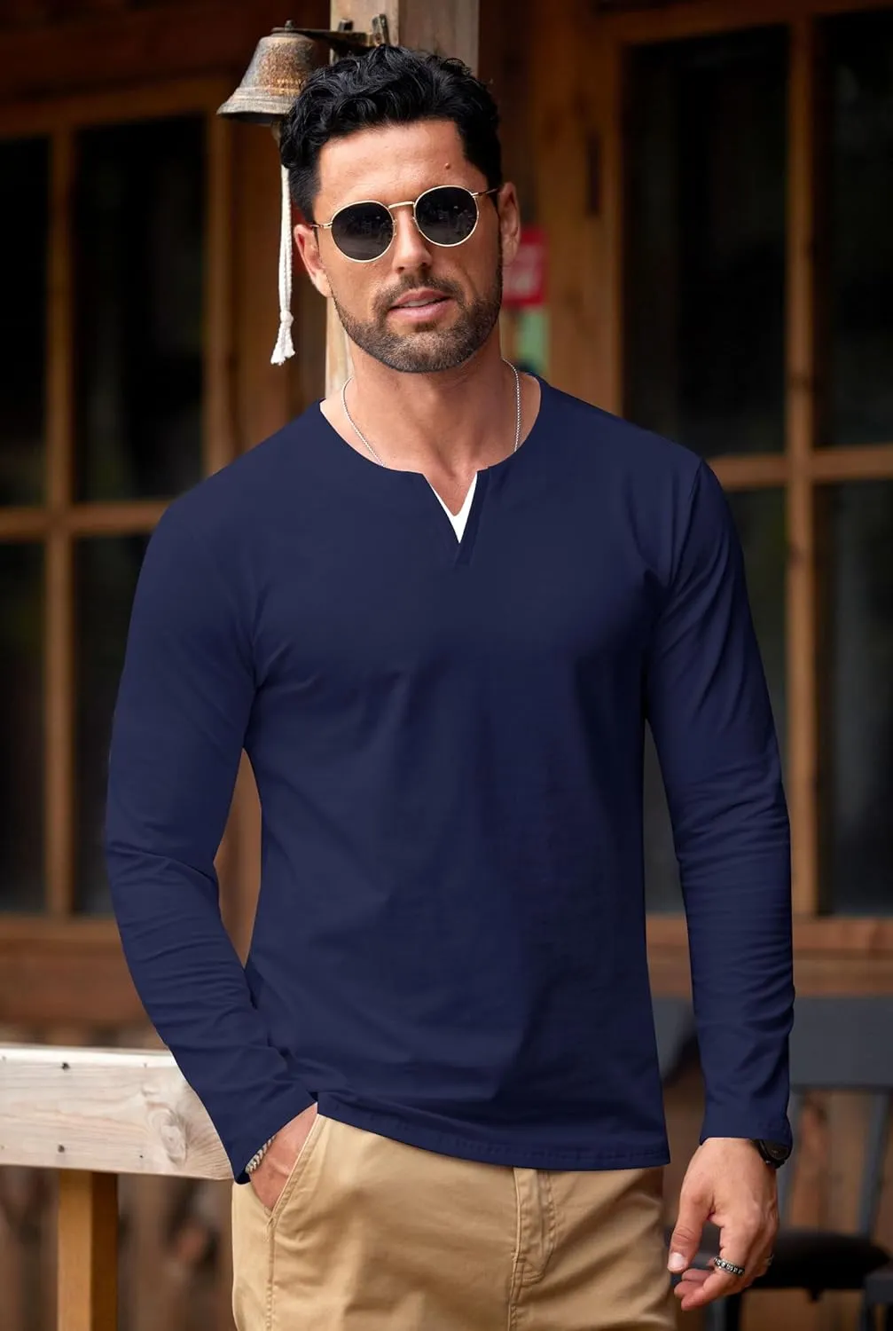 Mens V Neck Shirt Long Sleeve Cotton Casual Soft Slim Fit T-Shirts (S-XXL)