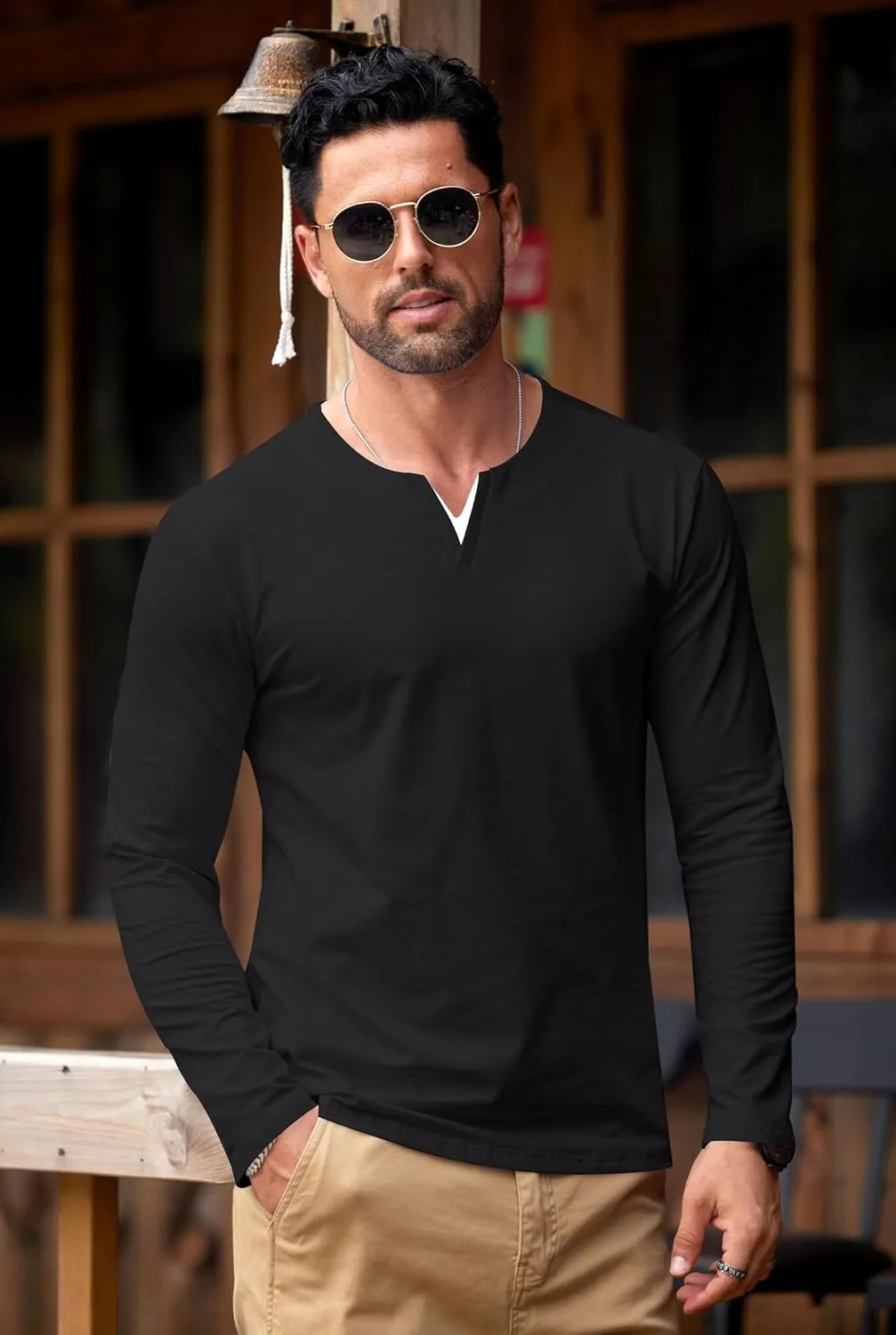 Mens V Neck Shirt Long Sleeve Cotton Casual Soft Slim Fit T-Shirts (S-XXL)