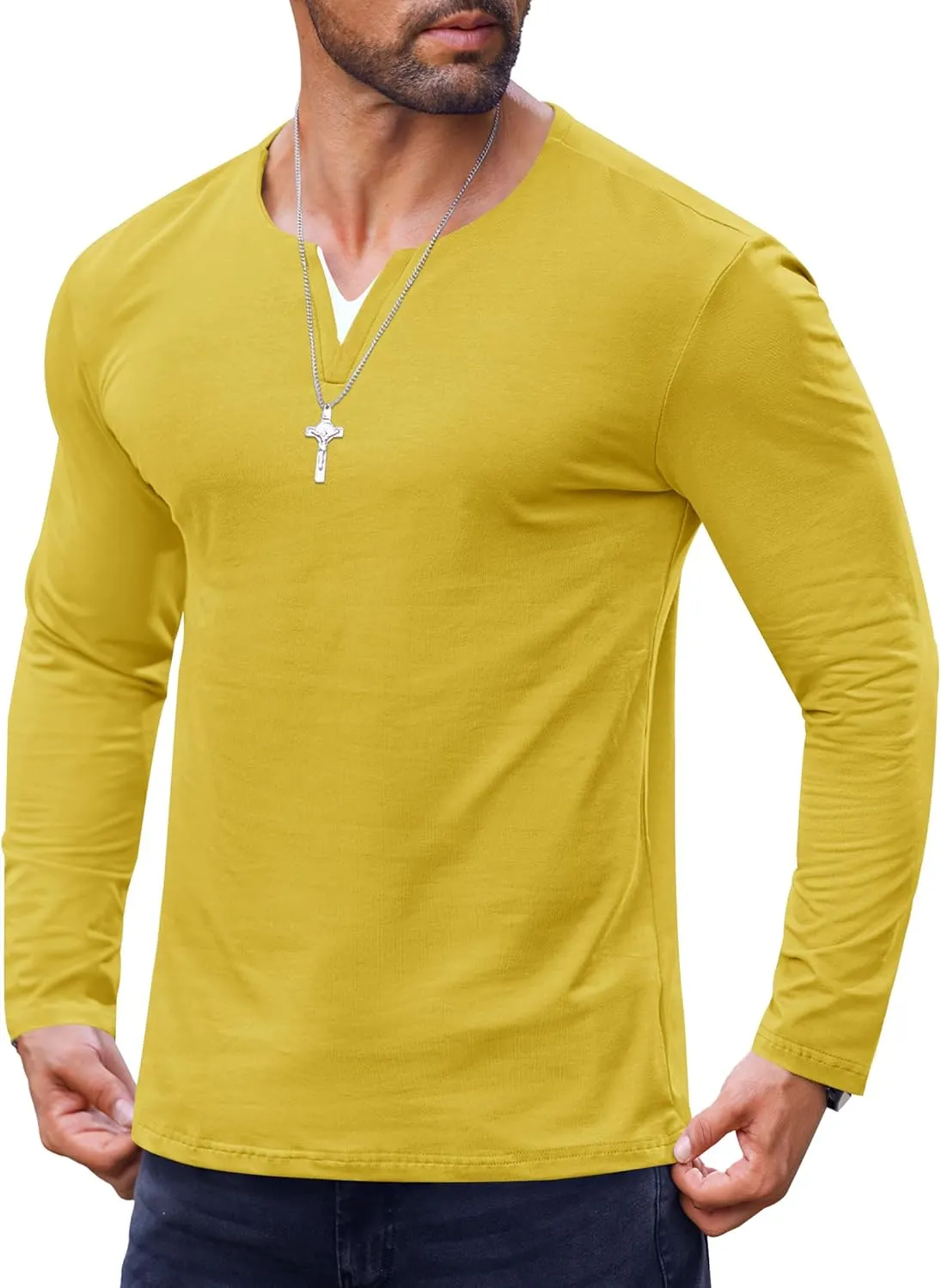 Mens V Neck Shirt Long Sleeve Cotton Casual Soft Slim Fit T-Shirts (S-XXL)