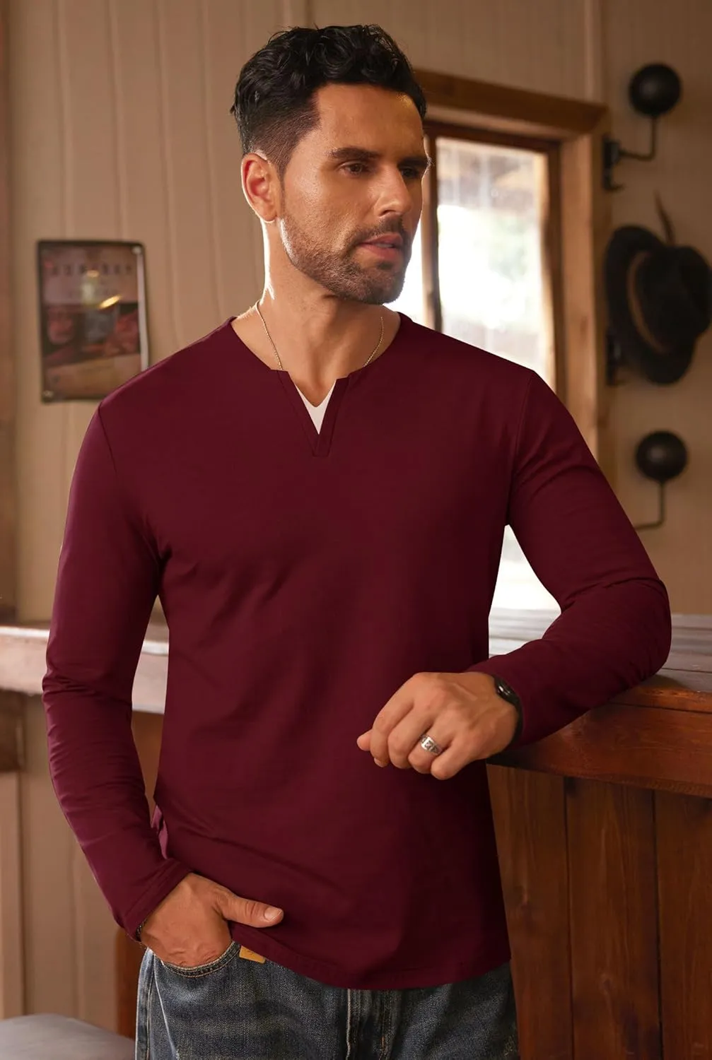 Mens V Neck Shirt Long Sleeve Cotton Casual Soft Slim Fit T-Shirts (S-XXL)