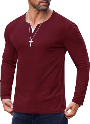 Mens V Neck Shirt Long Sleeve Cotton Casual Soft Slim Fit T-Shirts (S-XXL)