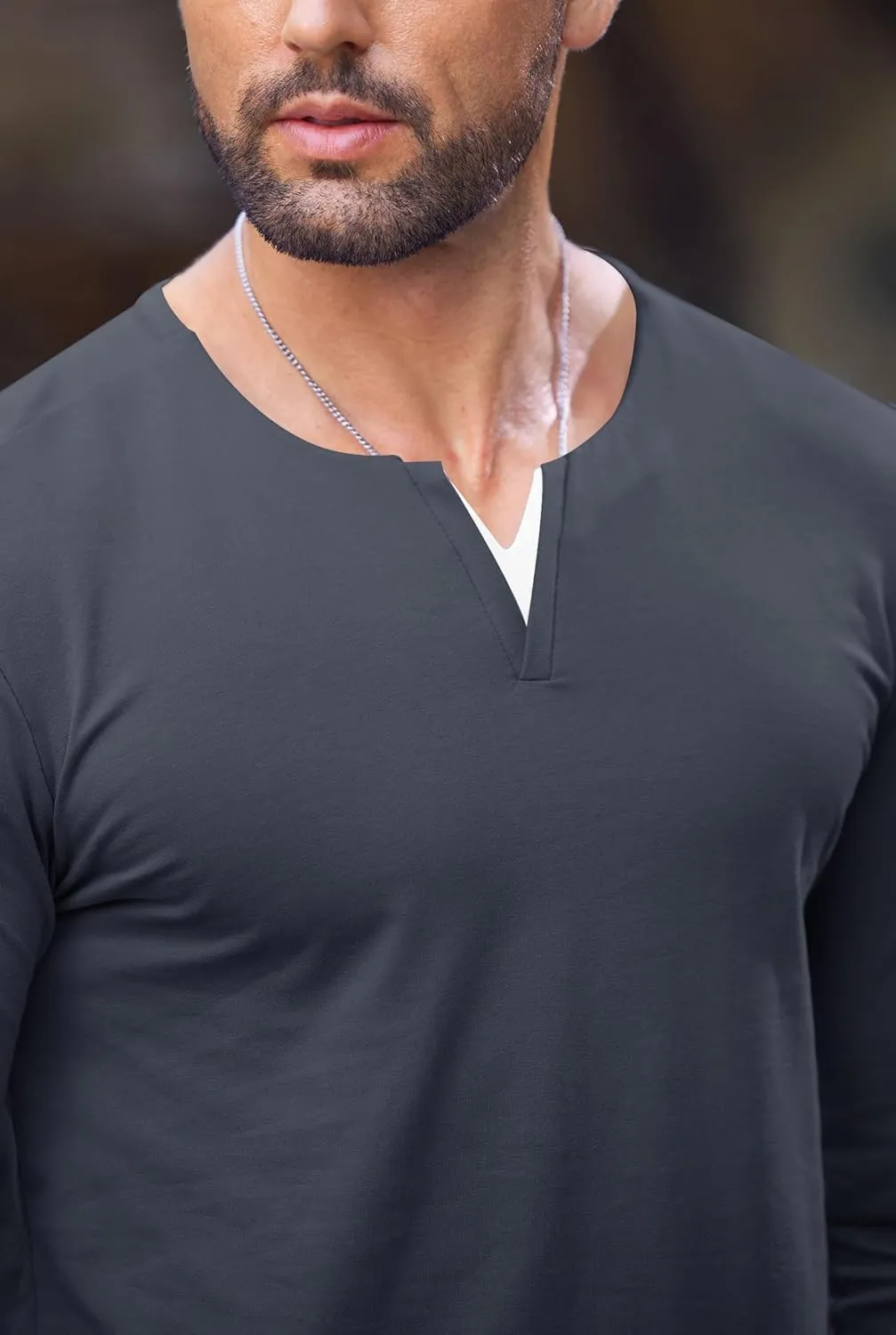 Mens V Neck Shirt Long Sleeve Cotton Casual Soft Slim Fit T-Shirts (S-XXL)