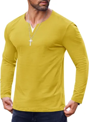 Mens V Neck Shirt Long Sleeve Cotton Casual Soft Slim Fit T-Shirts (S-XXL)