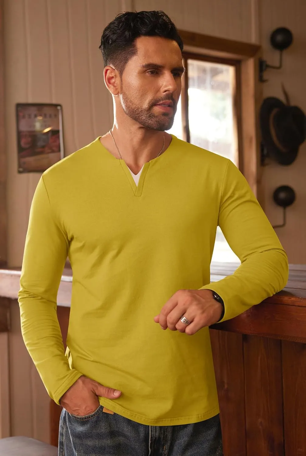 Mens V Neck Shirt Long Sleeve Cotton Casual Soft Slim Fit T-Shirts (S-XXL)