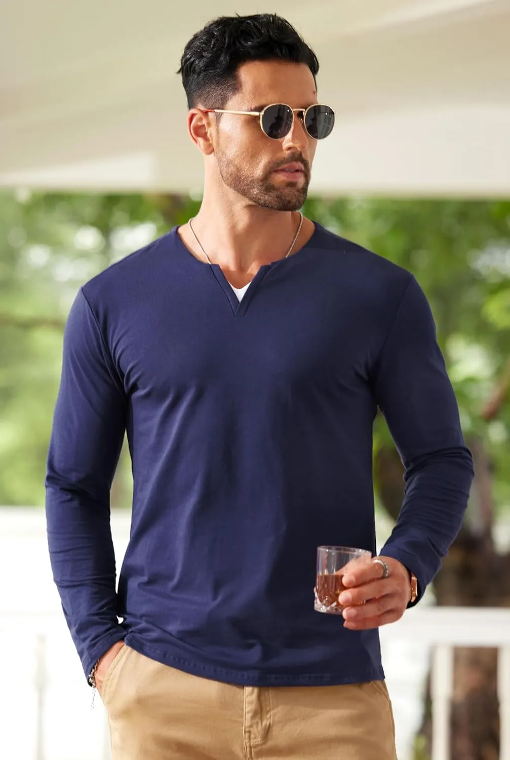 Mens V Neck Shirt Long Sleeve Cotton Casual Soft Slim Fit T-Shirts (S-XXL)
