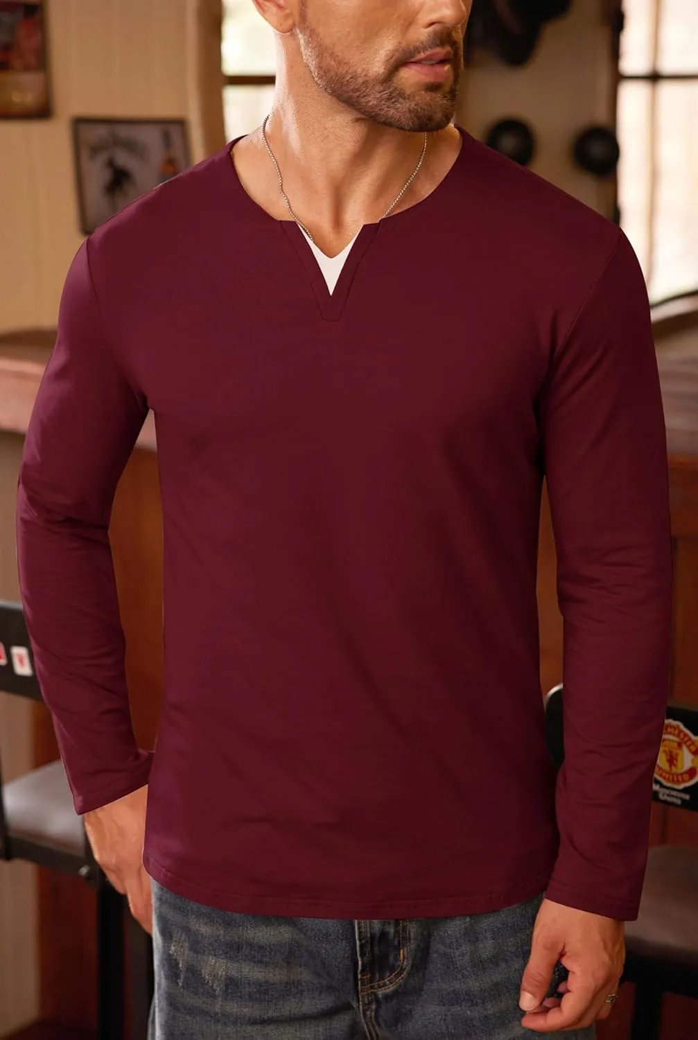 Mens V Neck Shirt Long Sleeve Cotton Casual Soft Slim Fit T-Shirts (S-XXL)